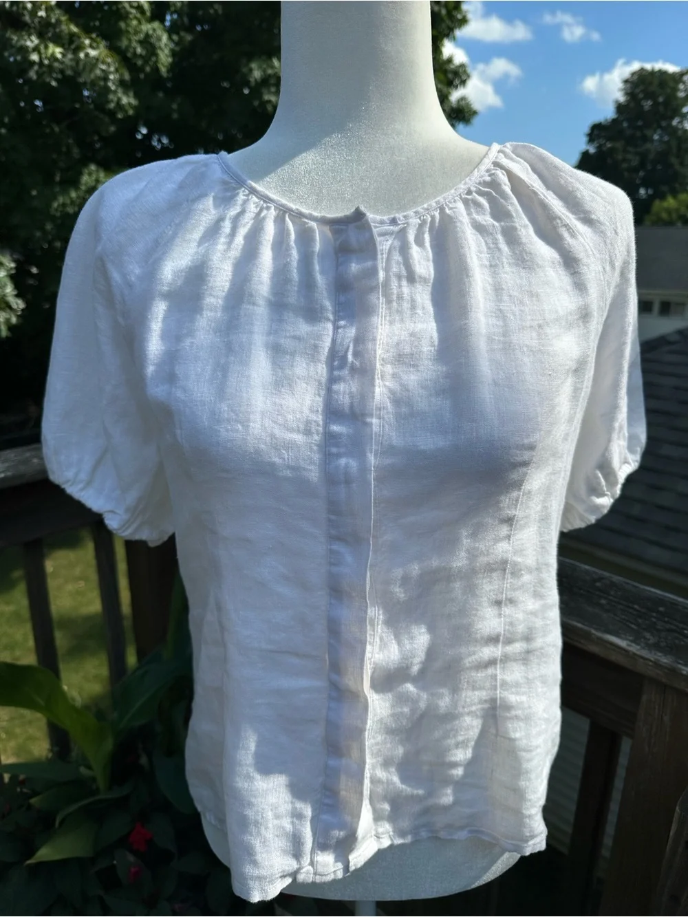 J.Crew White 100% Linen Puff Sleeve V-Back Tie Top Blouse Sz 4 Cottagecore